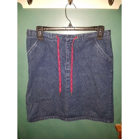 Tommy Hilfiger Jean Denim Skirt Size 9 Juniors Straight Pockets Red Draw Strings - Picture 1 of 4